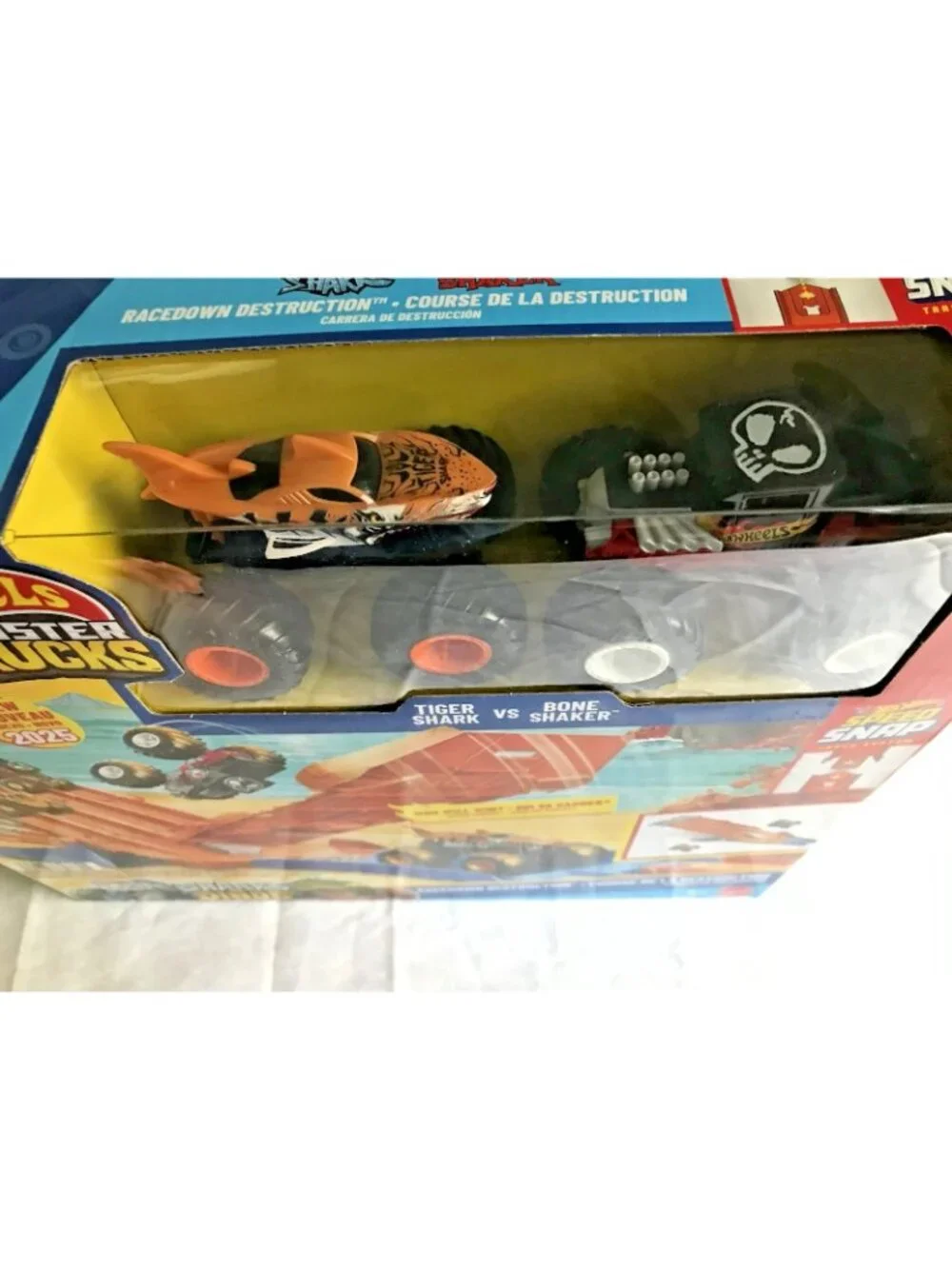 Hot Wheels Monster Trucks Race Down Destruction Track Sharks VS Dinos Playset